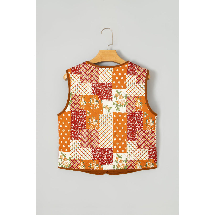Golden Fleece Quilted Floral Patchwork Contrast Trim V Neck Button Vest Outerwear/Vests