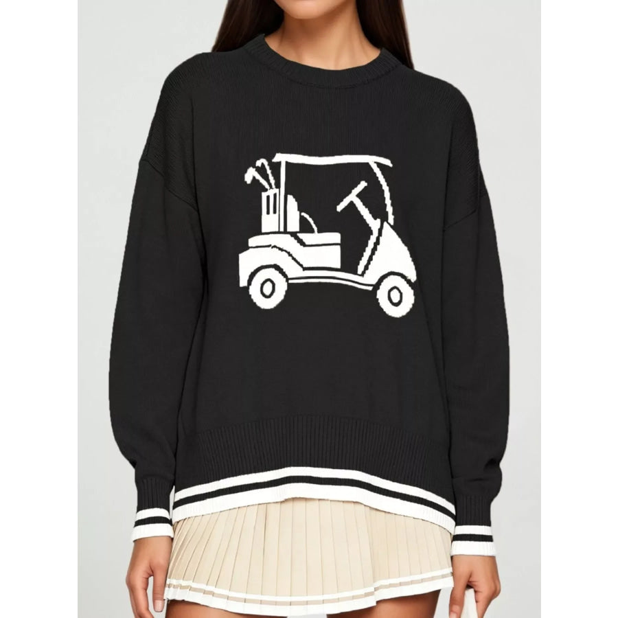Golf Cart Graphic Dropped Shoulder Sweater Black / S Apparel and Accessories