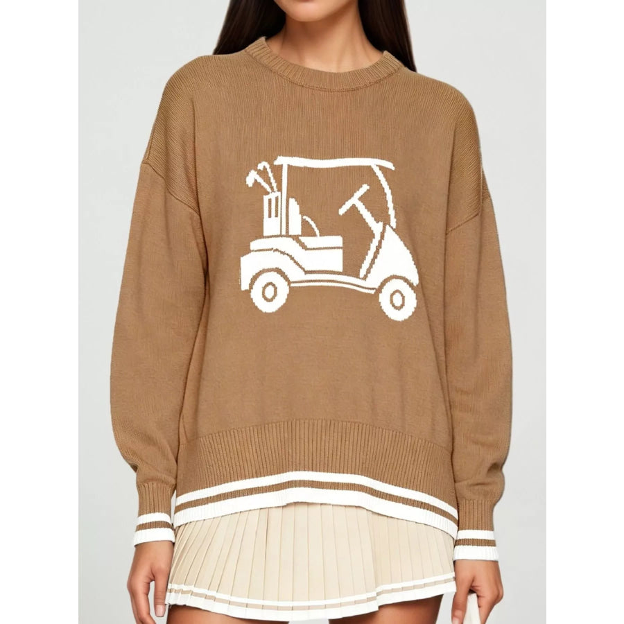 Golf Cart Graphic Dropped Shoulder Sweater Khaki / S Apparel and Accessories