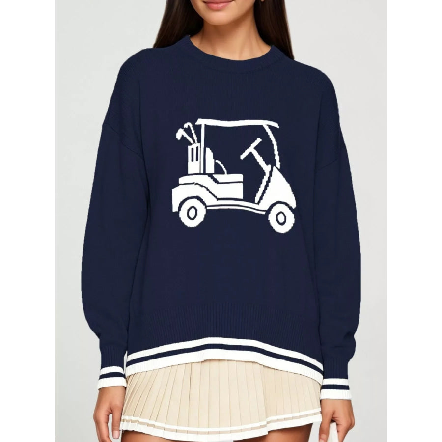 Golf Cart Graphic Dropped Shoulder Sweater Royal Blue / S Apparel and Accessories