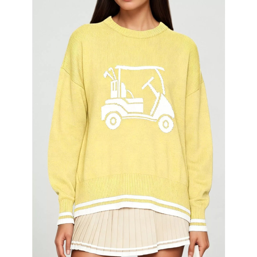 Golf Cart Graphic Dropped Shoulder Sweater Yellow / S Apparel and Accessories