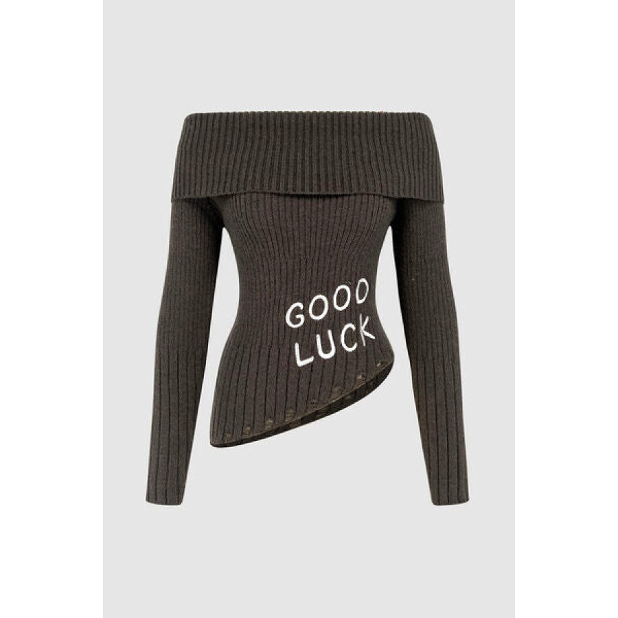 GOOD LUCK Distressed Off-Shoulder Sweater Heather Gray / S Apparel and Accessories