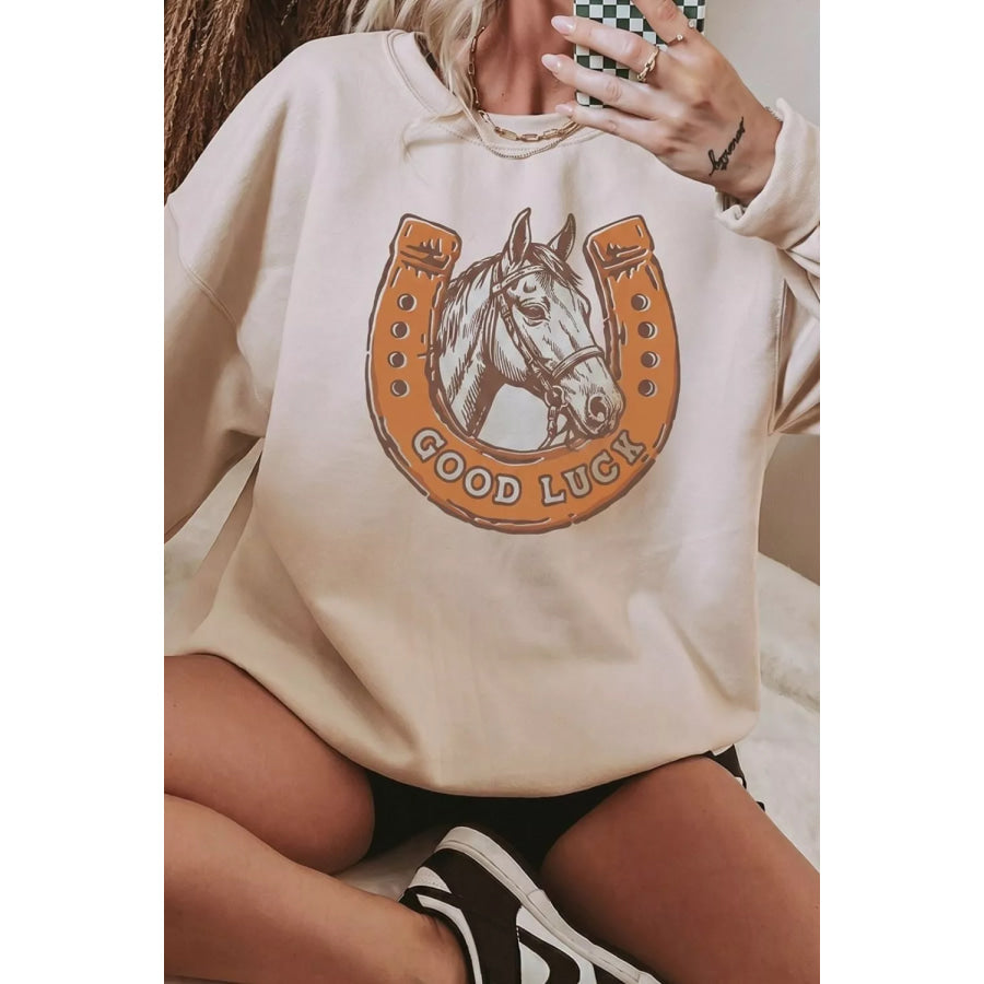 GOOD LUCK Western Horse Print Oversized Pullover Sweatshirt Apparel and Accessories