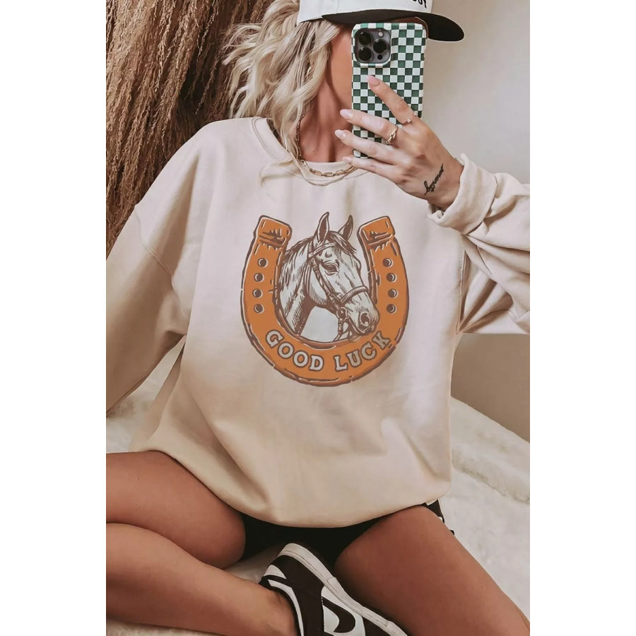 GOOD LUCK Western Horse Print Oversized Pullover Sweatshirt Apparel and Accessories