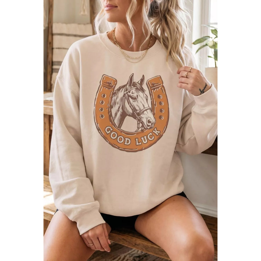 GOOD LUCK Western Horse Print Oversized Pullover Sweatshirt Apparel and Accessories