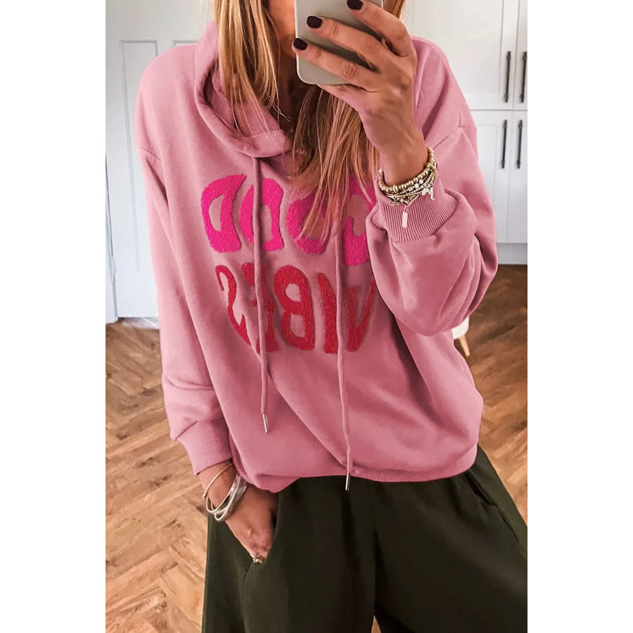 GOOD VIBES Chenille Letter Graphic Casual Hoodie Dusty Pink / S Apparel and Accessories