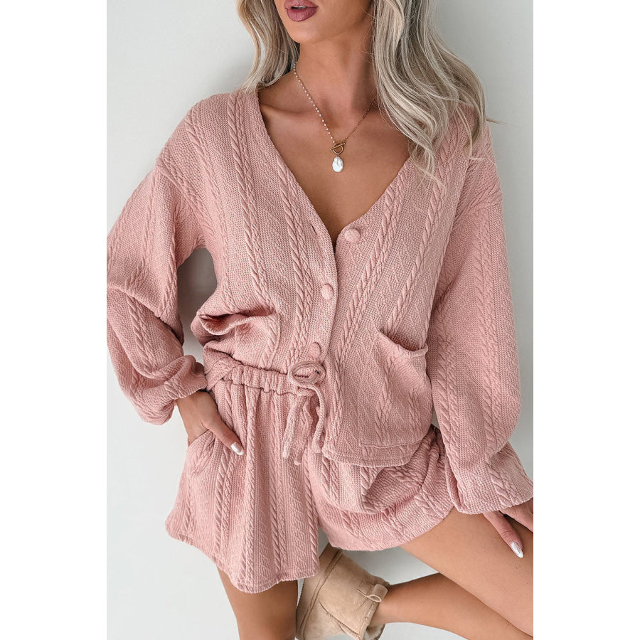 Gossamer Pink Cable Knit V Neck Cardigan Shorts Set Gossamer Pink / S / 95% Polyester + 5% Elastane Two Piece Sets/Short Sets