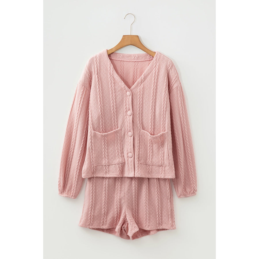 Gossamer Pink Cable Knit V Neck Cardigan Shorts Set Two Piece Sets/Short Sets