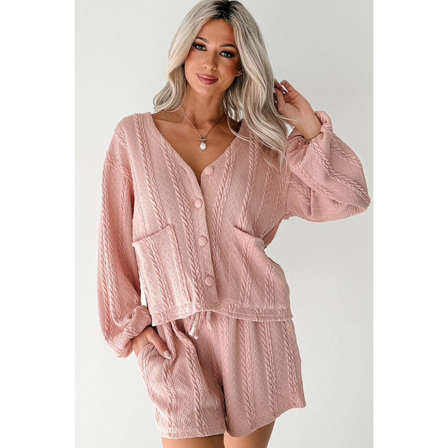 Gossamer Pink Cable Knit V Neck Cardigan Shorts Set Two Piece Sets/Short Sets