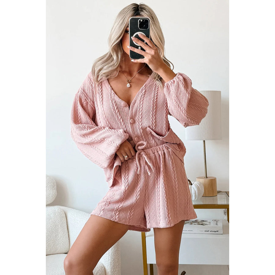 Gossamer Pink Cable Knit V Neck Cardigan Shorts Set Two Piece Sets/Short Sets