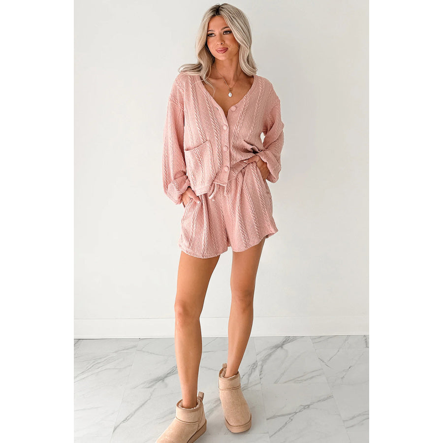 Gossamer Pink Cable Knit V Neck Cardigan Shorts Set Two Piece Sets/Short Sets