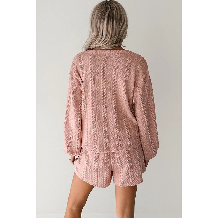 Gossamer Pink Cable Knit V Neck Cardigan Shorts Set Two Piece Sets/Short Sets