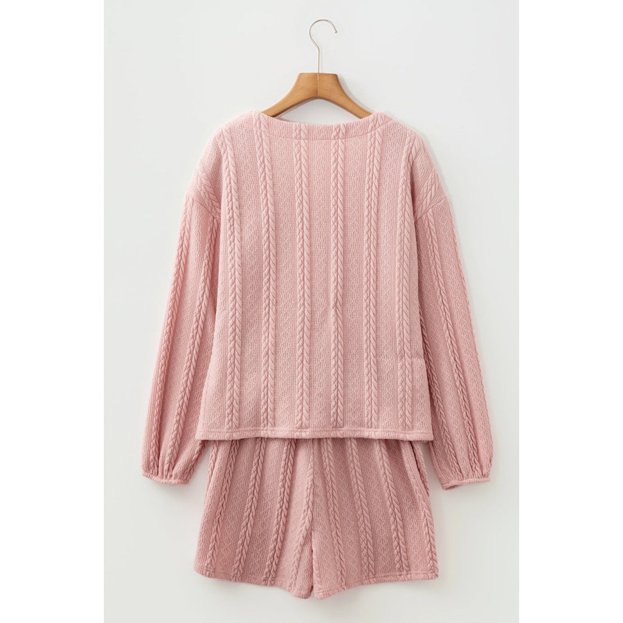 Gossamer Pink Cable Knit V Neck Cardigan Shorts Set Two Piece Sets/Short Sets
