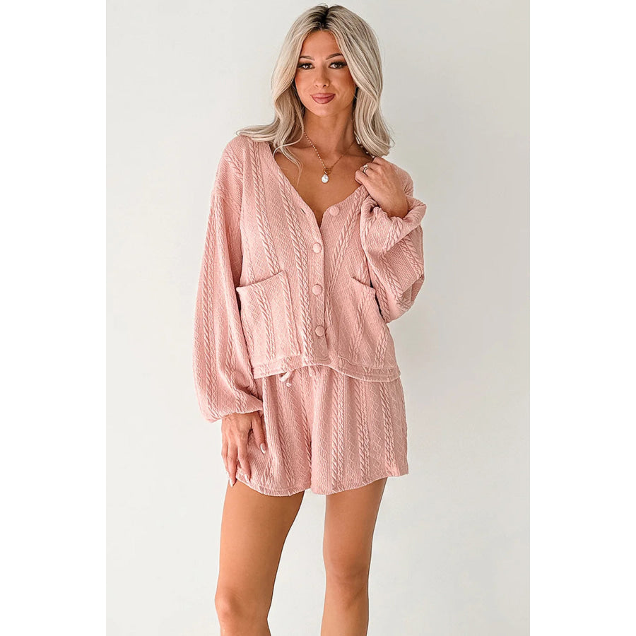 Gossamer Pink Cable Knit V Neck Cardigan Shorts Set Two Piece Sets/Short Sets