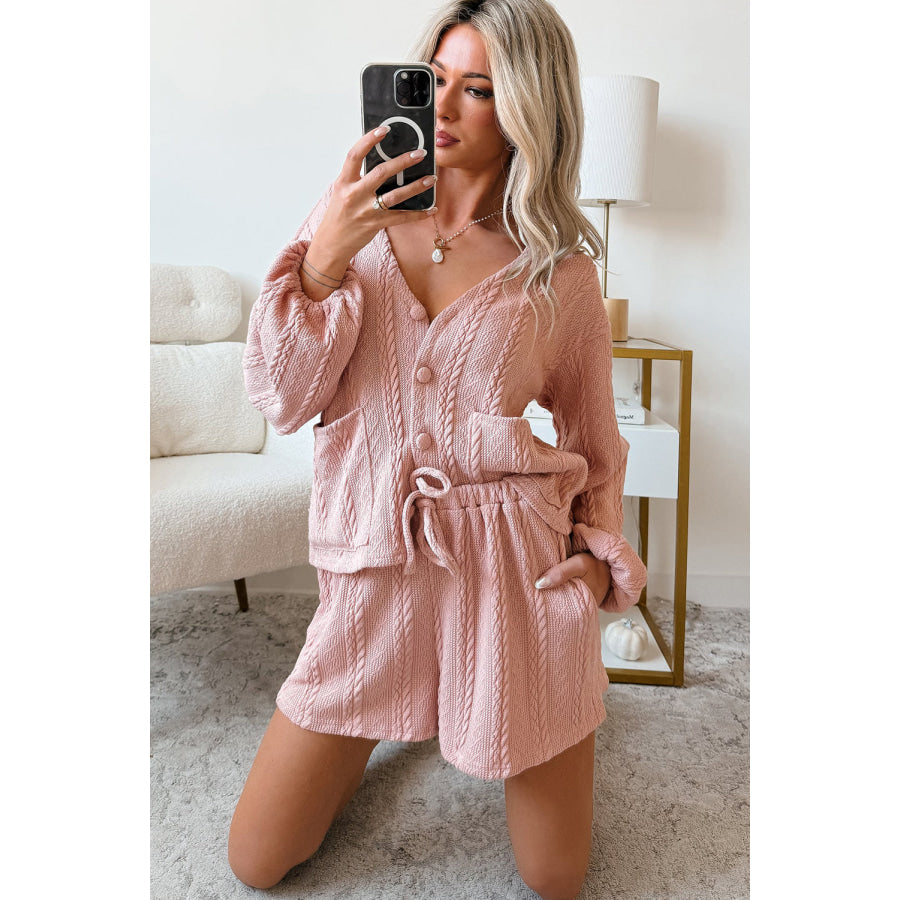 Gossamer Pink Cable Knit V Neck Cardigan Shorts Set Two Piece Sets/Short Sets