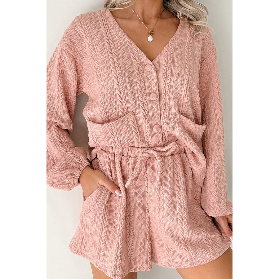 Gossamer Pink Cable Knit V Neck Cardigan Shorts Set Two Piece Sets/Short Sets