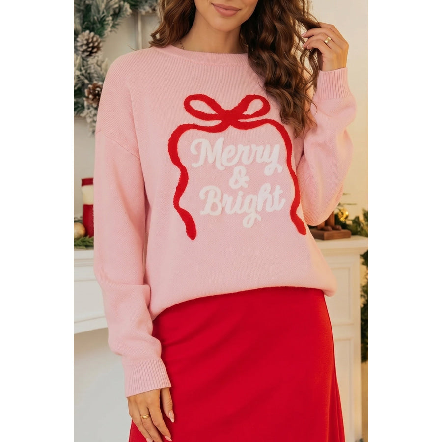 Gossamer Pink Drop Shoulder Round Neck Towel Embroidery Slogan Pullover Sweater Gossamer Pink / S / 52% Viscose + 26% Polyester + 22%
