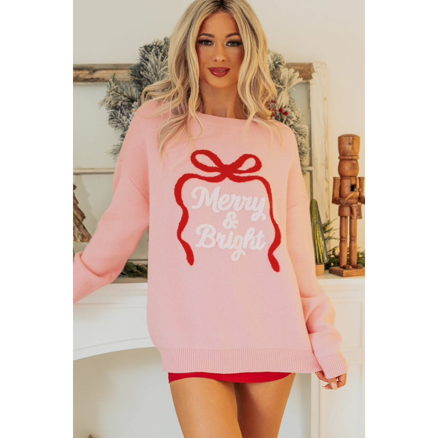Gossamer Pink Drop Shoulder Round Neck Towel Embroidery Slogan Pullover Sweater Sweaters & Cardigans/Sweaters