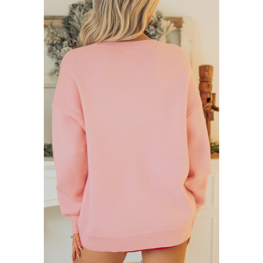 Gossamer Pink Drop Shoulder Round Neck Towel Embroidery Slogan Pullover Sweater Sweaters & Cardigans/Sweaters