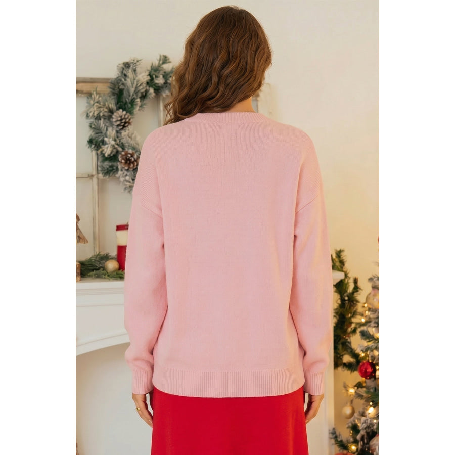 Gossamer Pink Drop Shoulder Round Neck Towel Embroidery Slogan Pullover Sweater Sweaters & Cardigans/Sweaters