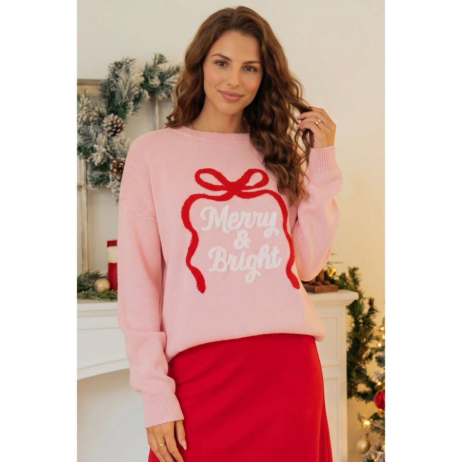 Gossamer Pink Drop Shoulder Round Neck Towel Embroidery Slogan Pullover Sweater Sweaters & Cardigans/Sweaters