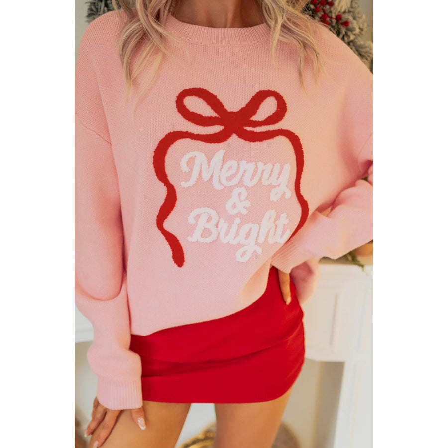 Gossamer Pink Drop Shoulder Round Neck Towel Embroidery Slogan Pullover Sweater Sweaters & Cardigans/Sweaters