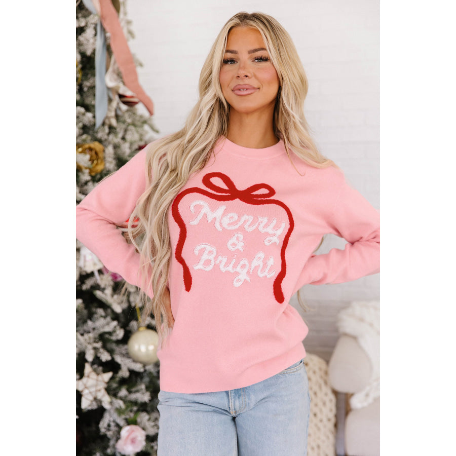 Gossamer Pink Drop Shoulder Round Neck Towel Embroidery Slogan Pullover Sweater Sweaters & Cardigans/Sweaters