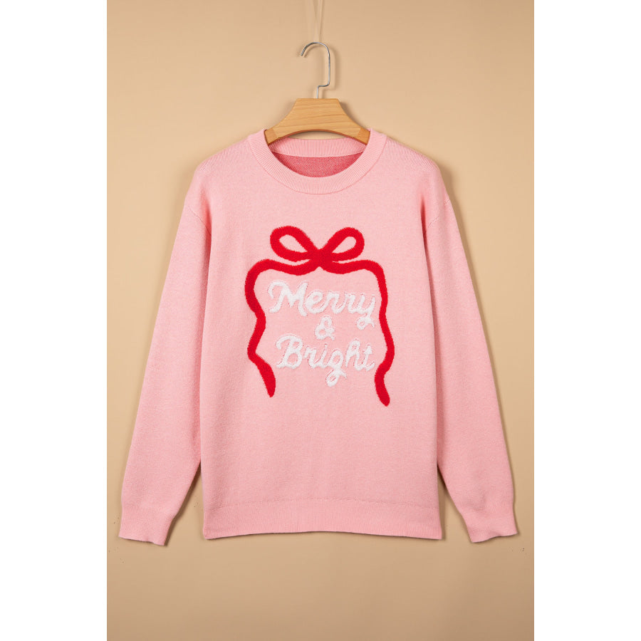 Gossamer Pink Drop Shoulder Round Neck Towel Embroidery Slogan Pullover Sweater Sweaters & Cardigans/Sweaters