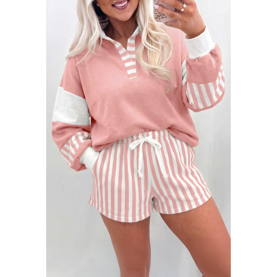 Gossamer Pink Striped Color Block Pullover Top Drawstring Shorts Set Gossamer Pink / S / 80% Polyester + 20% Cotton Two Piece Sets/Short