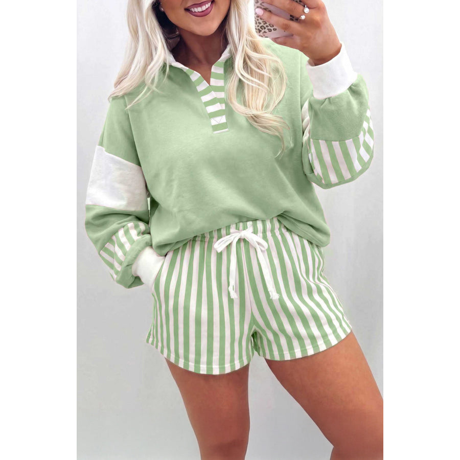 Gossamer Pink Striped Color Block Pullover Top Drawstring Shorts Set Smoke Green / S / 80% Polyester + 20% Cotton Two Piece Sets/Short Sets