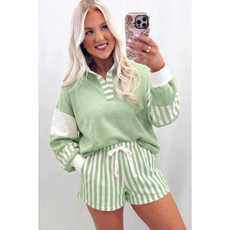 Gossamer Pink Striped Color Block Pullover Top Drawstring Shorts Set Two Piece Sets/Short Sets