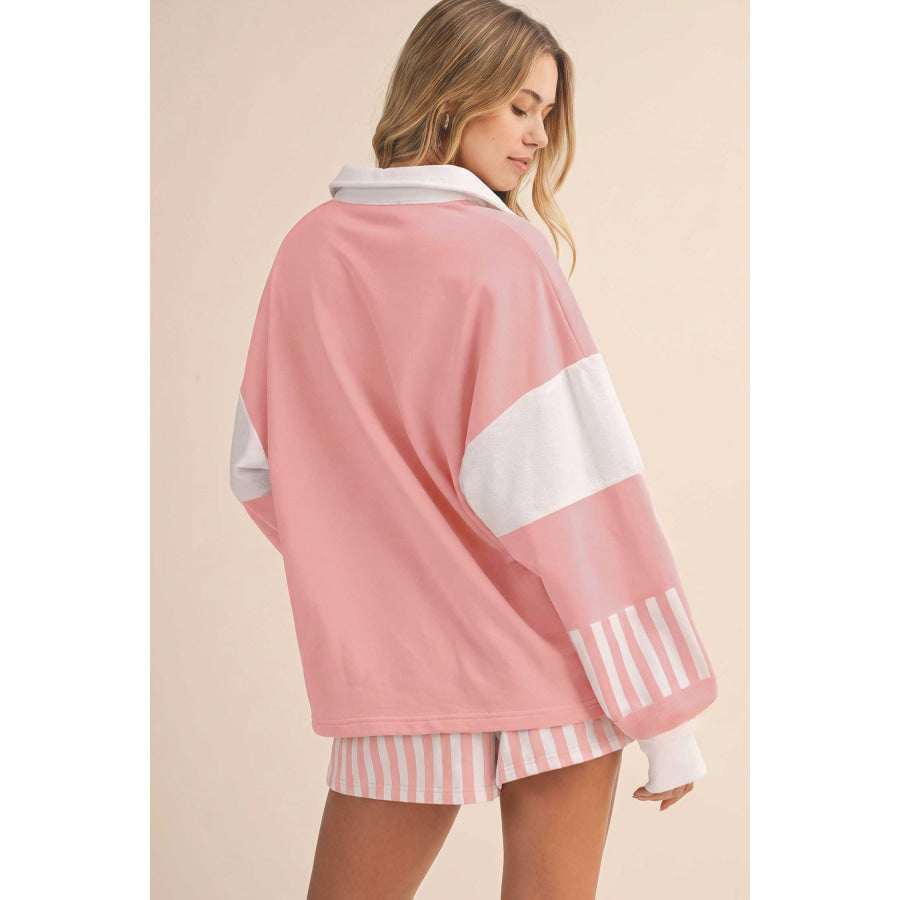 Gossamer Pink Striped Color Block Pullover Top Drawstring Shorts Set Two Piece Sets/Short Sets