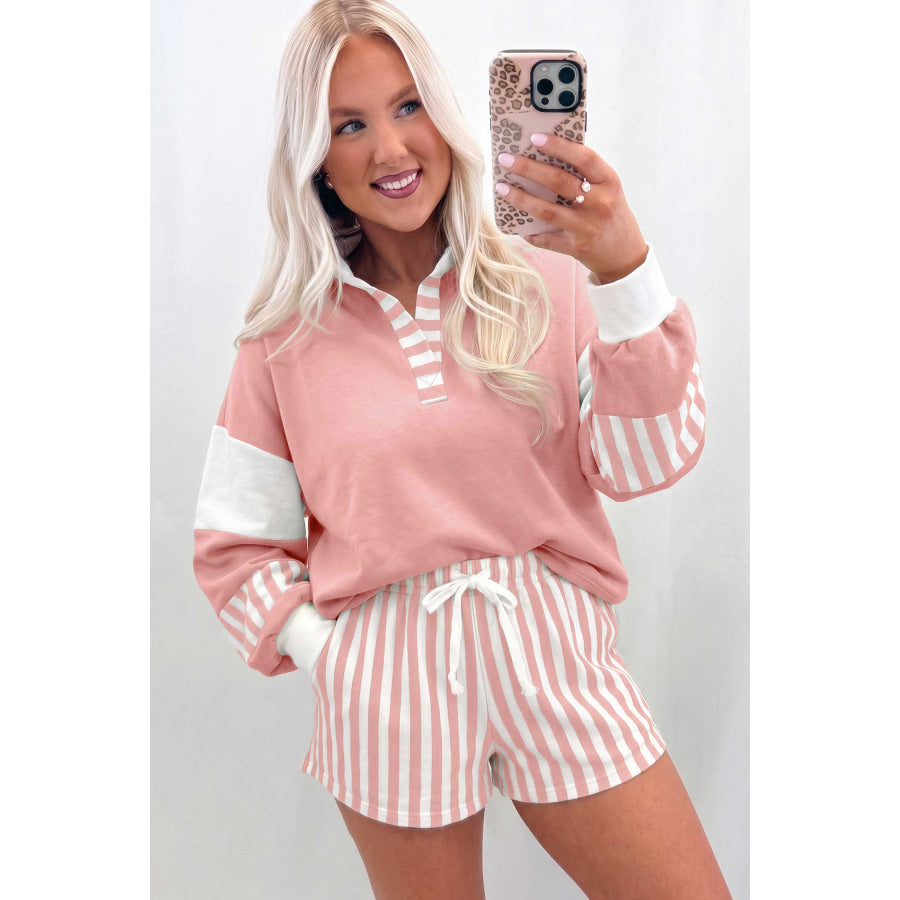 Gossamer Pink Striped Color Block Pullover Top Drawstring Shorts Set Two Piece Sets/Short Sets