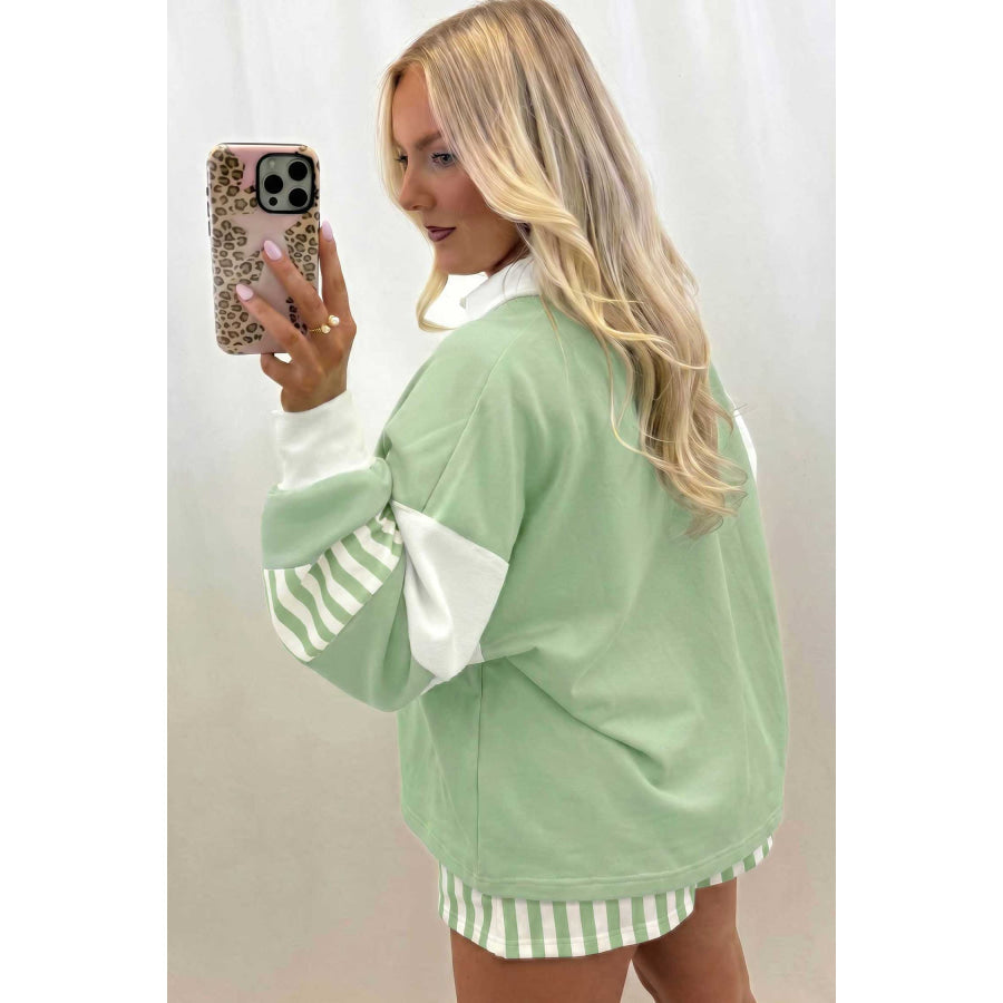 Gossamer Pink Striped Color Block Pullover Top Drawstring Shorts Set Two Piece Sets/Short Sets