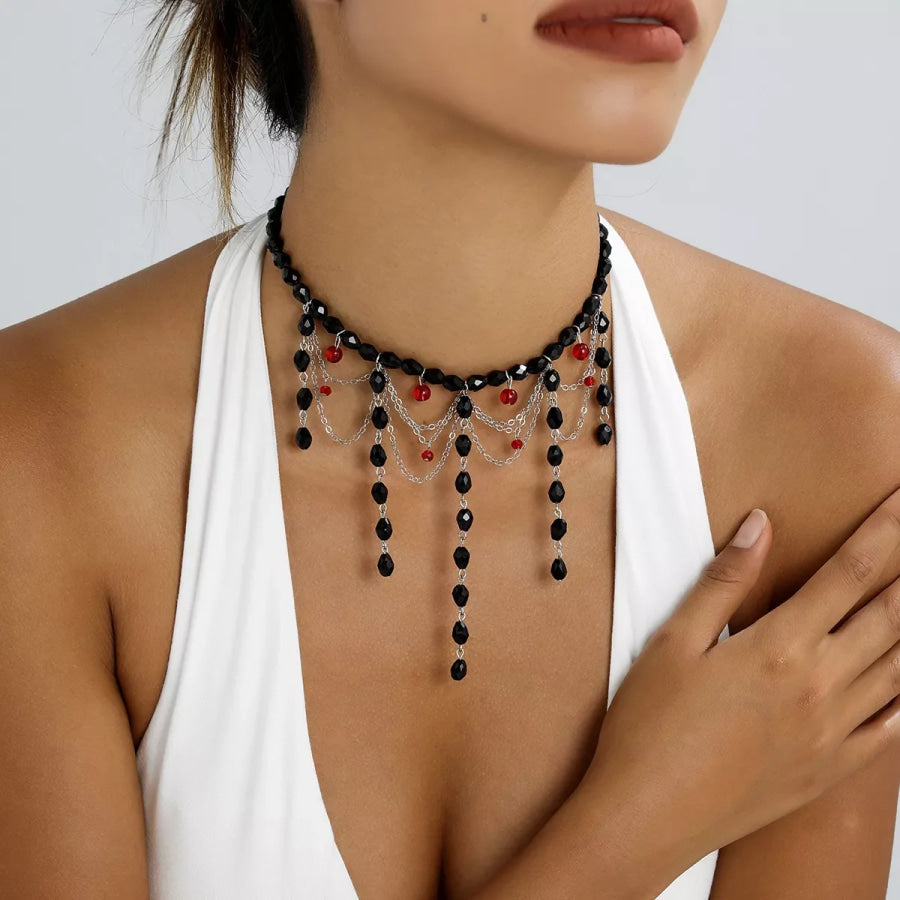 Gothic Beaded Tassel Choker Necklace Black / One Size Apparel and Accessories