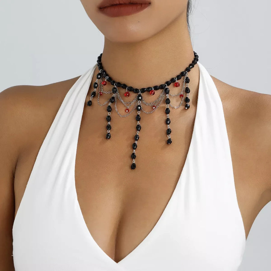 Gothic Beaded Tassel Choker Necklace Black / One Size Apparel and Accessories
