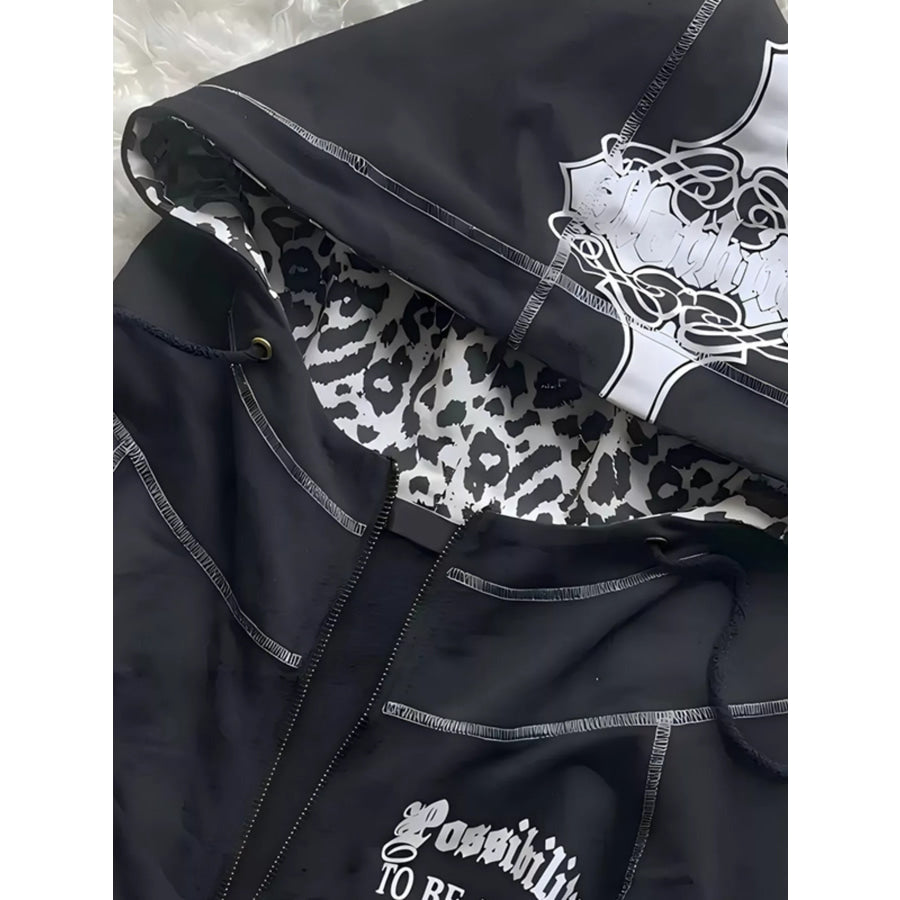 Gothic Cross Leopard Lined Zip-Up Hoodie Apparel and Accessories