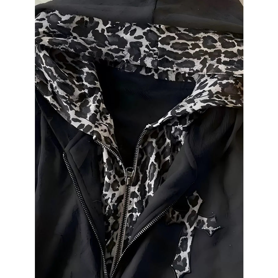 Gothic Cross Leopard Lined Zip-Up Hoodie Apparel and Accessories