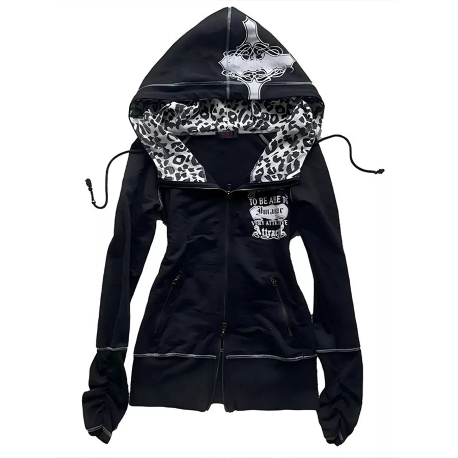 Gothic Cross Leopard Lined Zip-Up Hoodie Leopard / S Apparel and Accessories