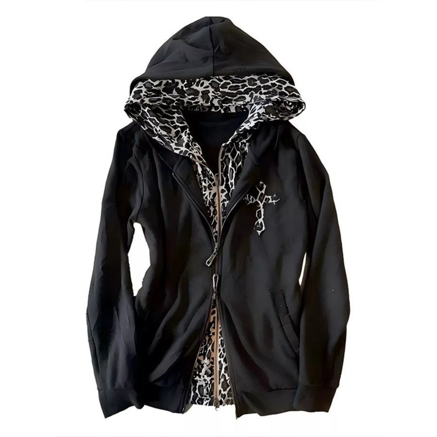 Gothic Cross Leopard Lined Zip-Up Hoodie Leopard / S Apparel and Accessories