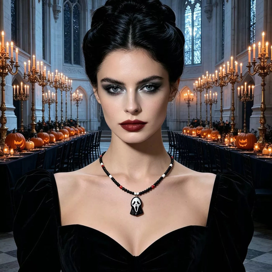 Gothic Horror Scream Mask Beaded Pendant Necklace Black / One Size Apparel and Accessories
