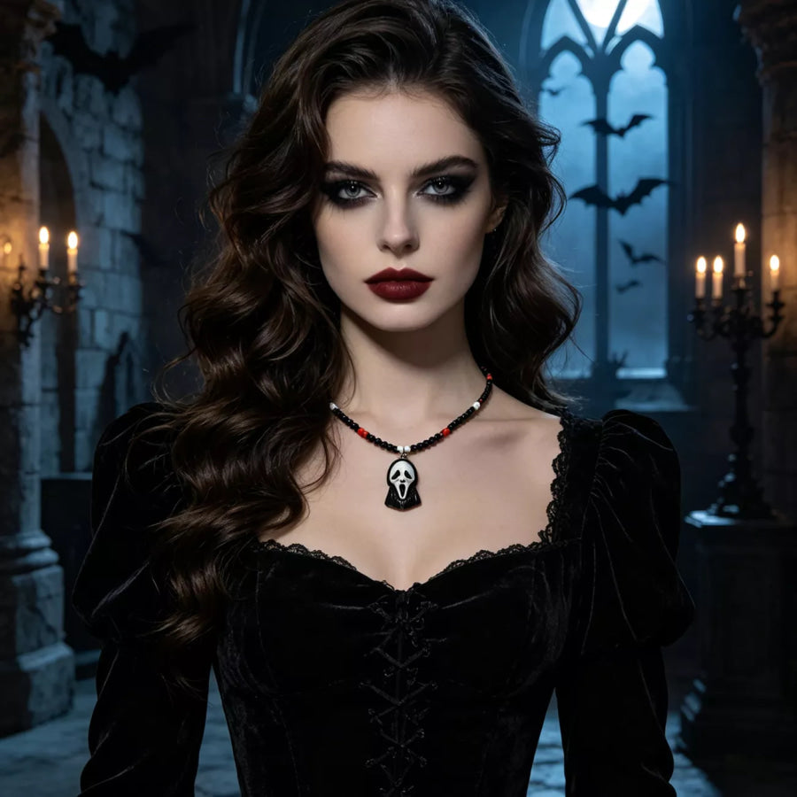 Gothic Horror Scream Mask Beaded Pendant Necklace Black / One Size Apparel and Accessories