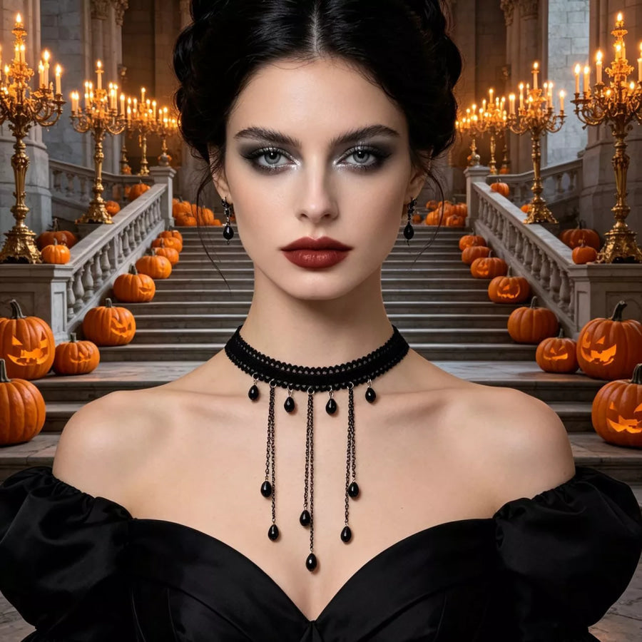 Gothic Lace Choker Necklace with Teardrop Dangle Charms Black / One Size Apparel and Accessories