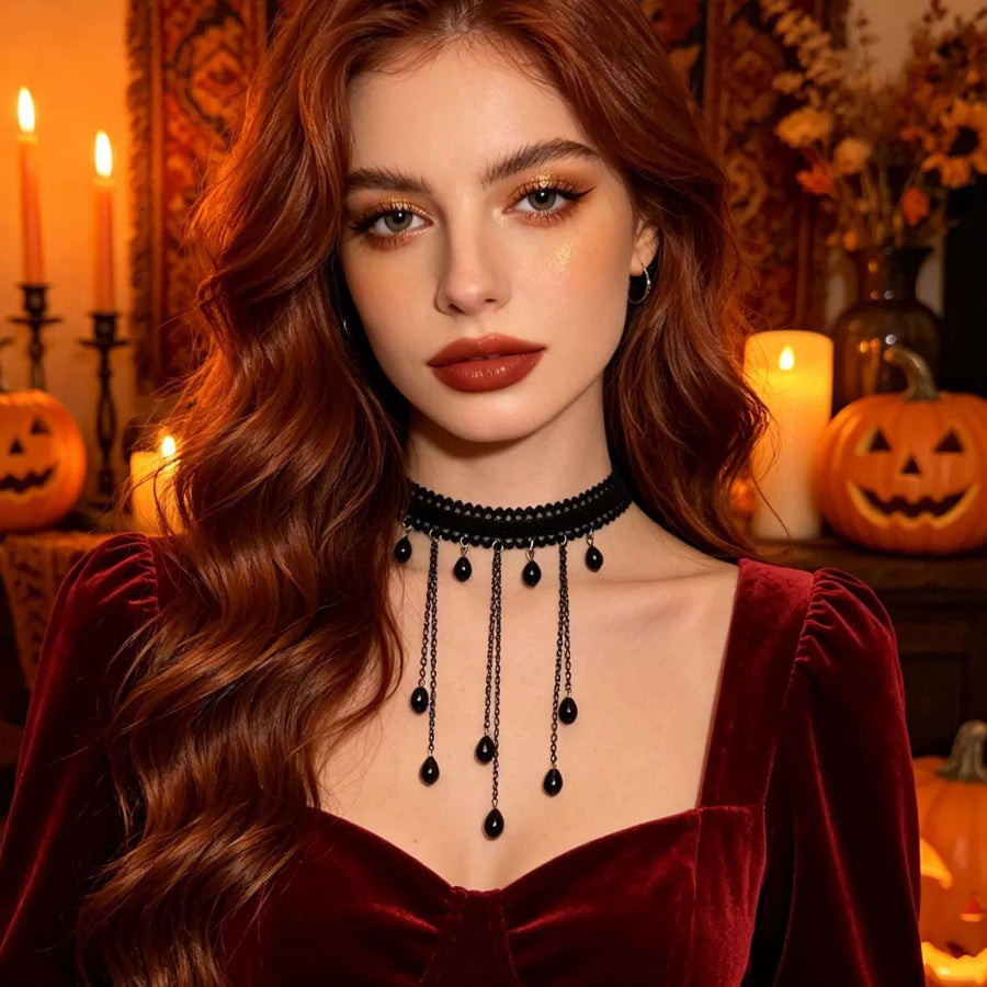 Gothic Lace Choker Necklace with Teardrop Dangle Charms Apparel and Accessories