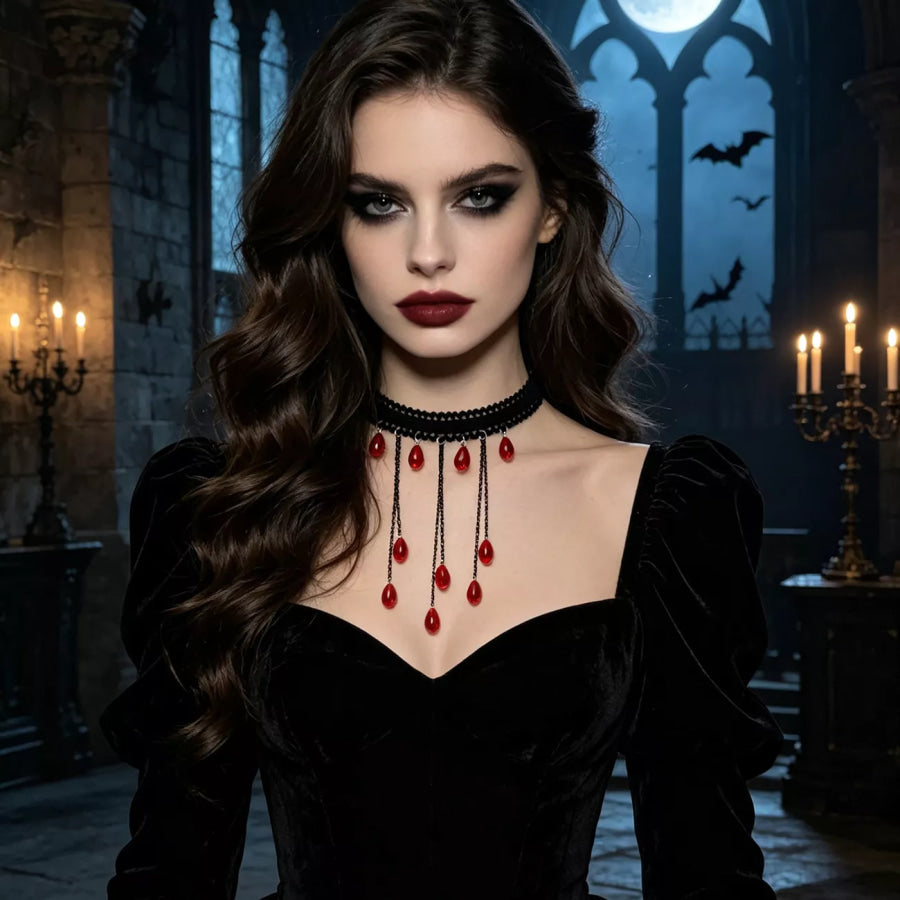 Gothic Lace Choker Necklace with Teardrop Dangle Charms Apparel and Accessories