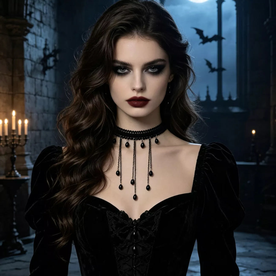 Gothic Lace Choker Necklace with Teardrop Dangle Charms Apparel and Accessories