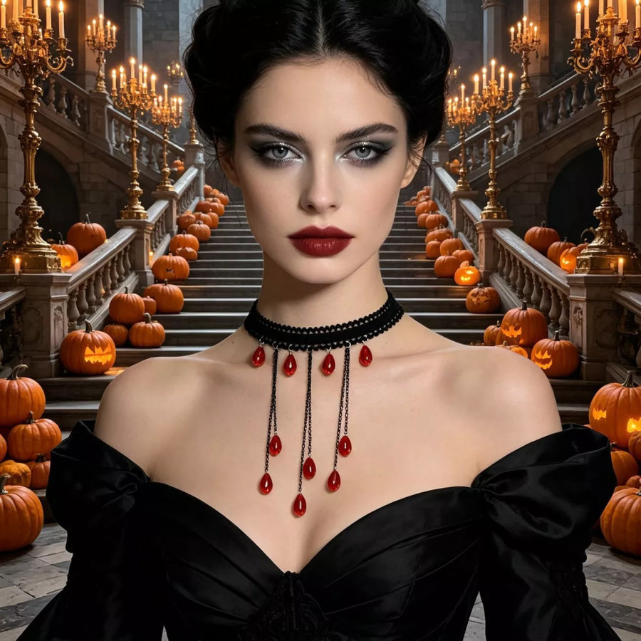 Gothic Lace Choker Necklace with Teardrop Dangle Charms Apparel and Accessories