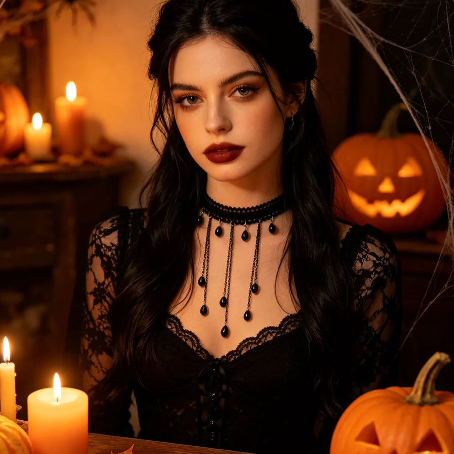 Gothic Lace Choker Necklace with Teardrop Dangle Charms Black / One Size Apparel and Accessories