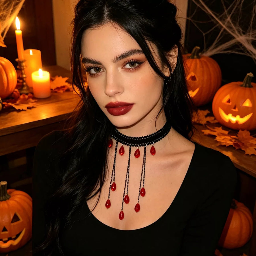 Gothic Lace Choker Necklace with Teardrop Dangle Charms Burgundy / One Size Apparel and Accessories