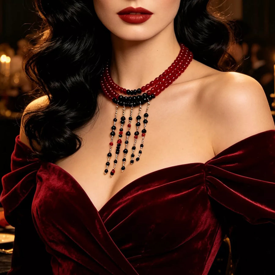 Gothic Multi-Layered Beaded Necklace Burgundy / One Size Apparel and Accessories